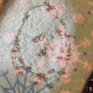 Avon Pink and Green Beaded Necklace Set